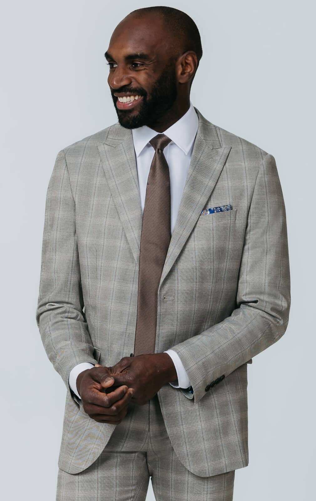 Taupe Check Suit Jacket with Peak Lapel