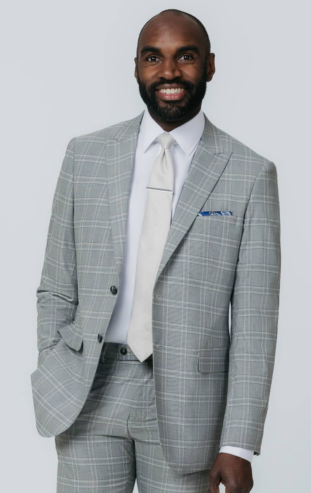 Grey with Tan Check Suit Jacket with Peak Lapel