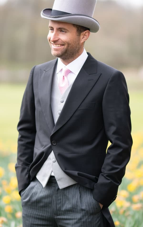 Dobell Black Herringbone Morning Suit with Striped Trousers primary image