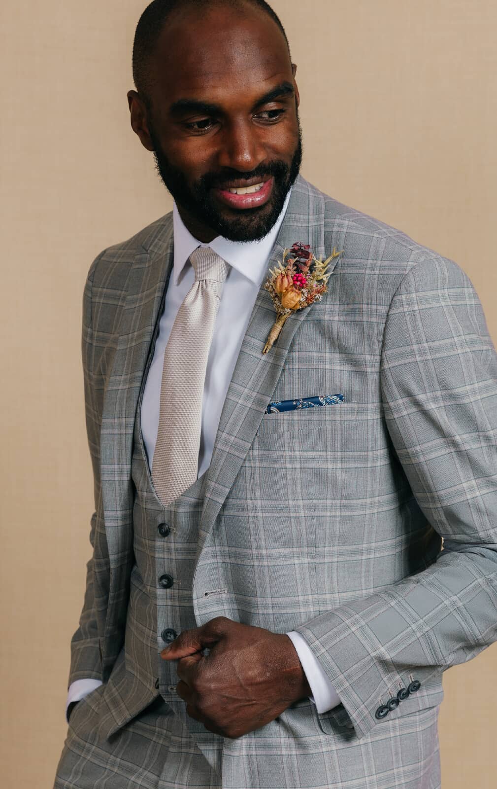 Grey with Tan Check 3 Piece Suit with Peak Lapel primary image