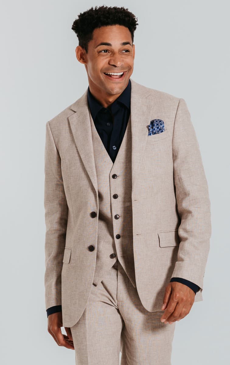 Dobell Sand Linen Slim Fit 3 Piece Suit