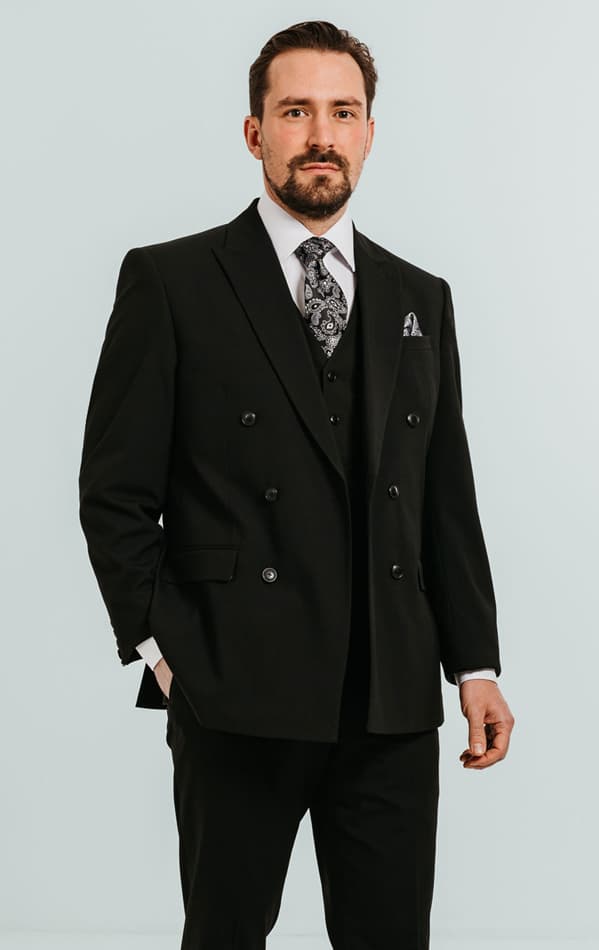 Dobell Black Double Breasted 3 Piece Suit with Peak Lapel primary image