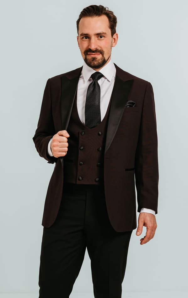 Dobell Burgundy 3 Piece Tuxedo with Peak Lapel & Black Trousers primary image