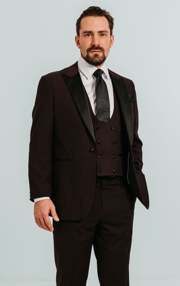 Dobell Burgundy 3 Piece Tuxedo with Peak Lapel primary image