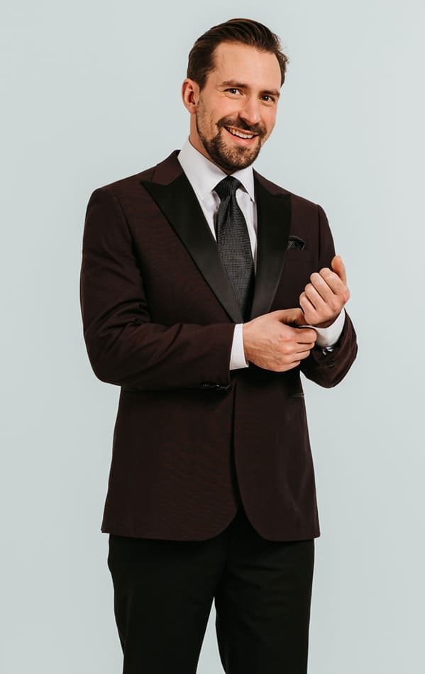 Dobell Burgundy Tuxedo with Peak Lapel & Black Trousers primary image