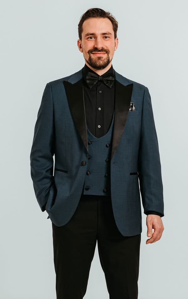 Dobell Teal 3 Piece Tuxedo with Peak Lapel & Black Trousers primary image
