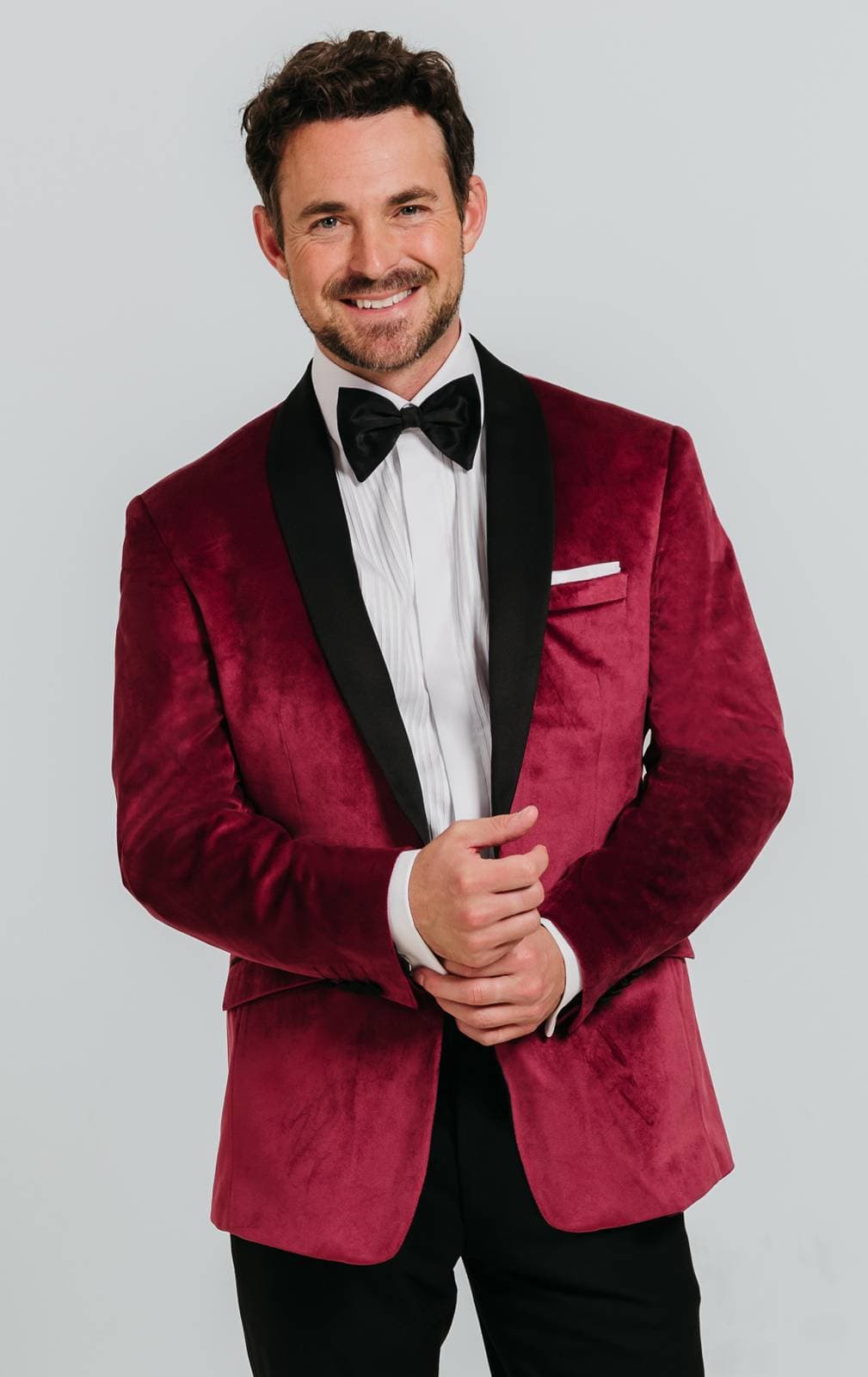 Dobell Burgundy Velvet Tuxedo with Black Trousers primary image