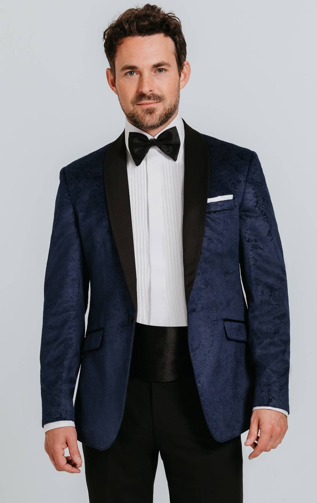 Dobell Navy Paisley Velvet Tuxedo with Black Trousers primary image