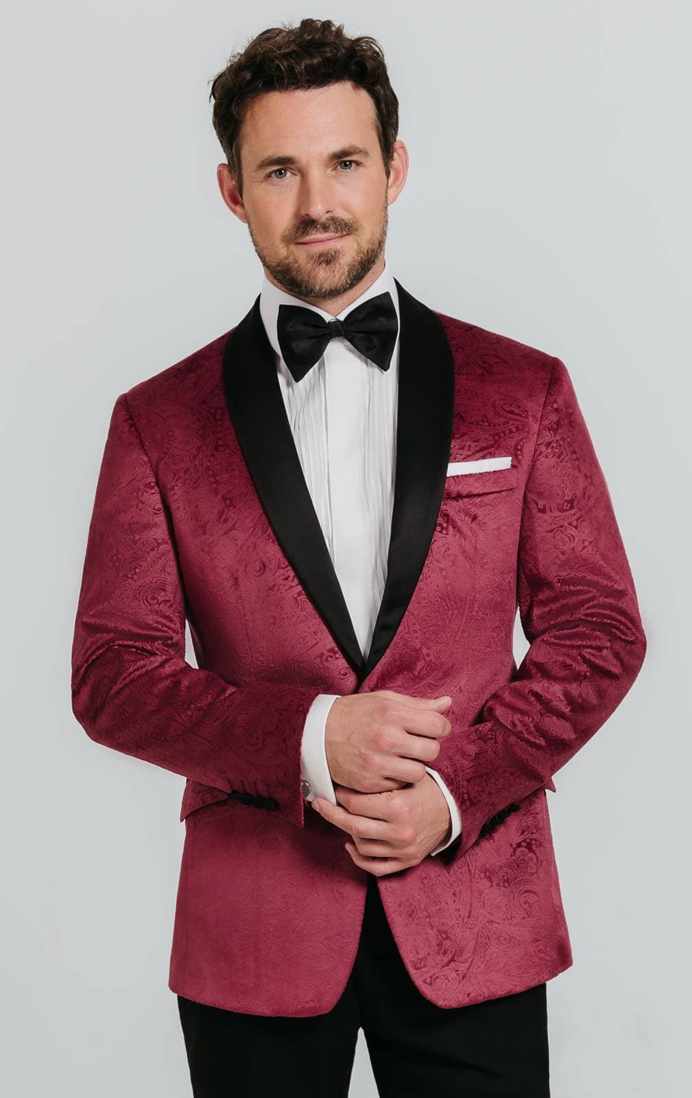 Dobell Burgundy Paisley Velvet Tuxedo with Black Trousers primary image