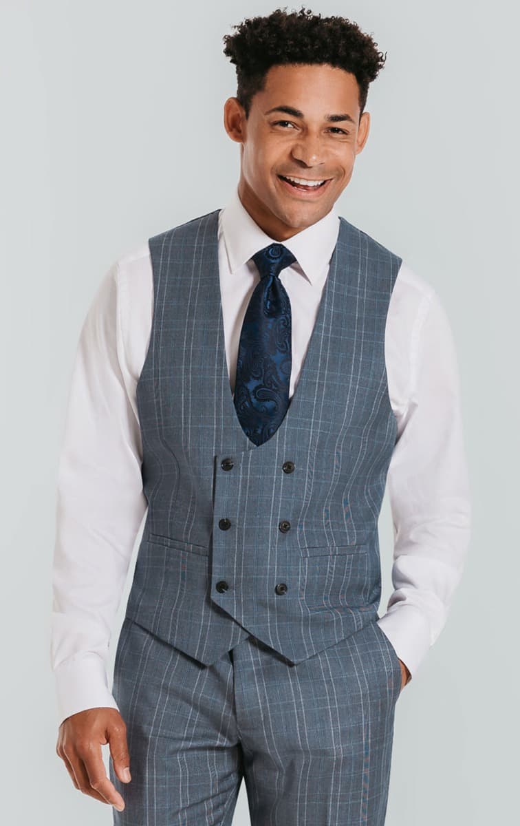 Dobell Light Blue Check Double Breasted Waistcoat primary image
