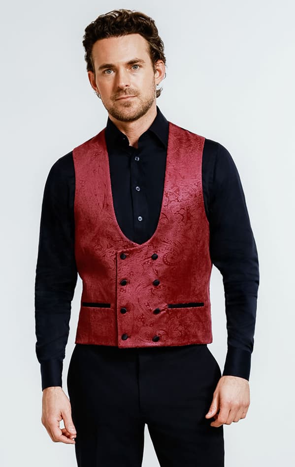 Dobell Burgundy Paisley Velvet Double Breasted Tuxedo Waistcoat primary image
