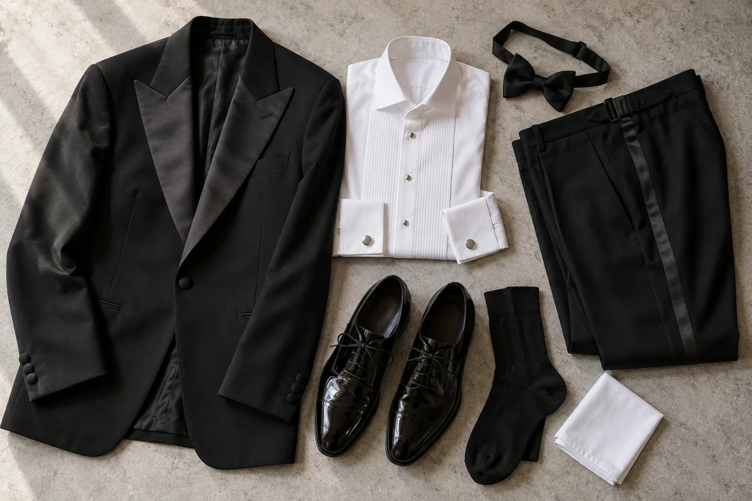Black dinner jacket, white marcella evening shirt, black bow tie and patent lace-up shoes laid out together on a pale stone surface