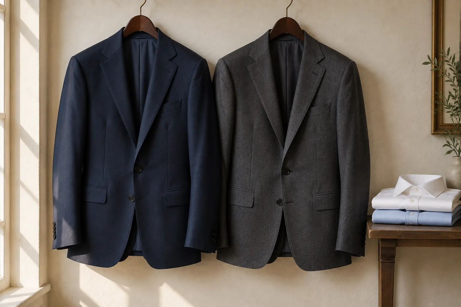 A plain navy suit and a plain charcoal grey suit hanging side by side next to folded white and light blue shirts