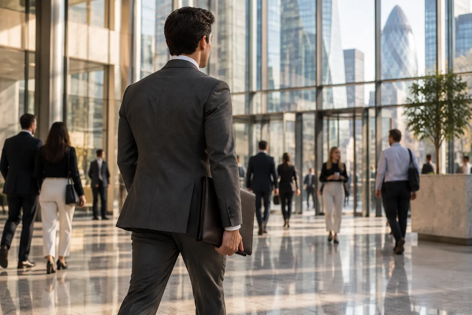 Man in a charcoal business suit carrying a leather document case through a City of London office lobby among smart-casual colleagues