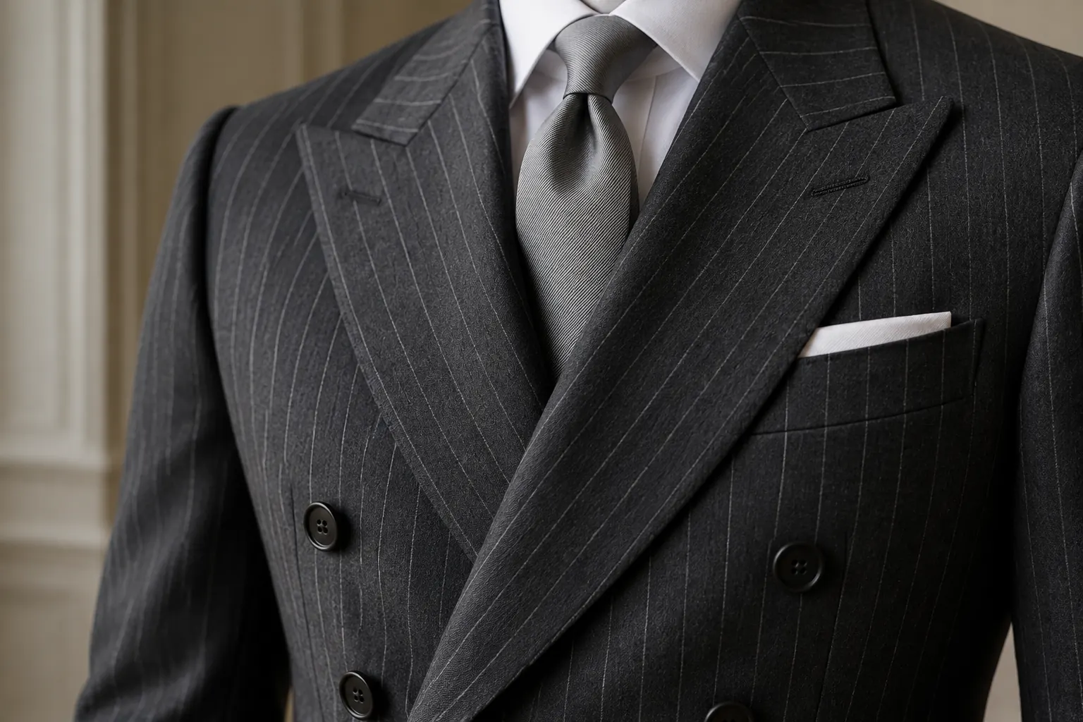 Close-up of a charcoal chalk-stripe double-breasted jacket with wide peak lapels, white shirt and silver-grey tie