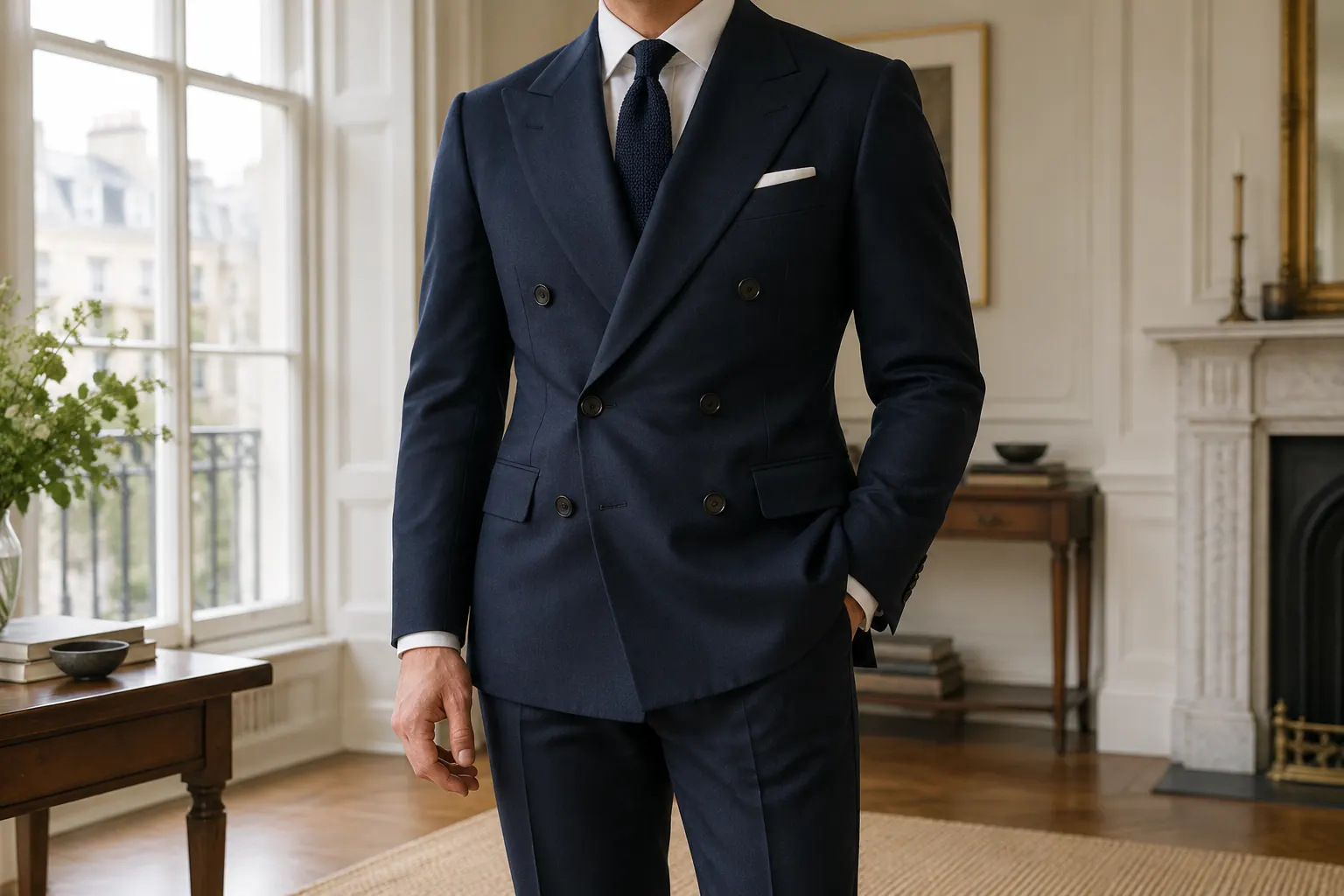 Man in a fastened navy double-breasted suit with peak lapels and six buttons, white shirt and navy tie, in a townhouse interior