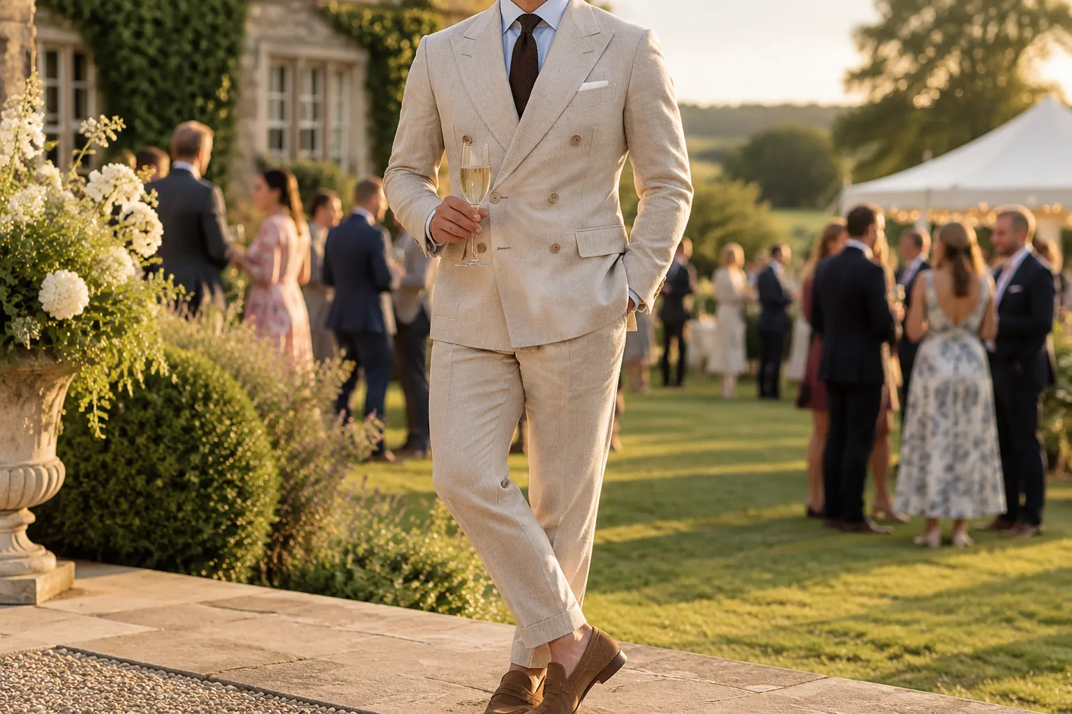 Wedding guest in a stone-beige double-breasted linen-wool suit with a brown knitted tie at a country house garden reception