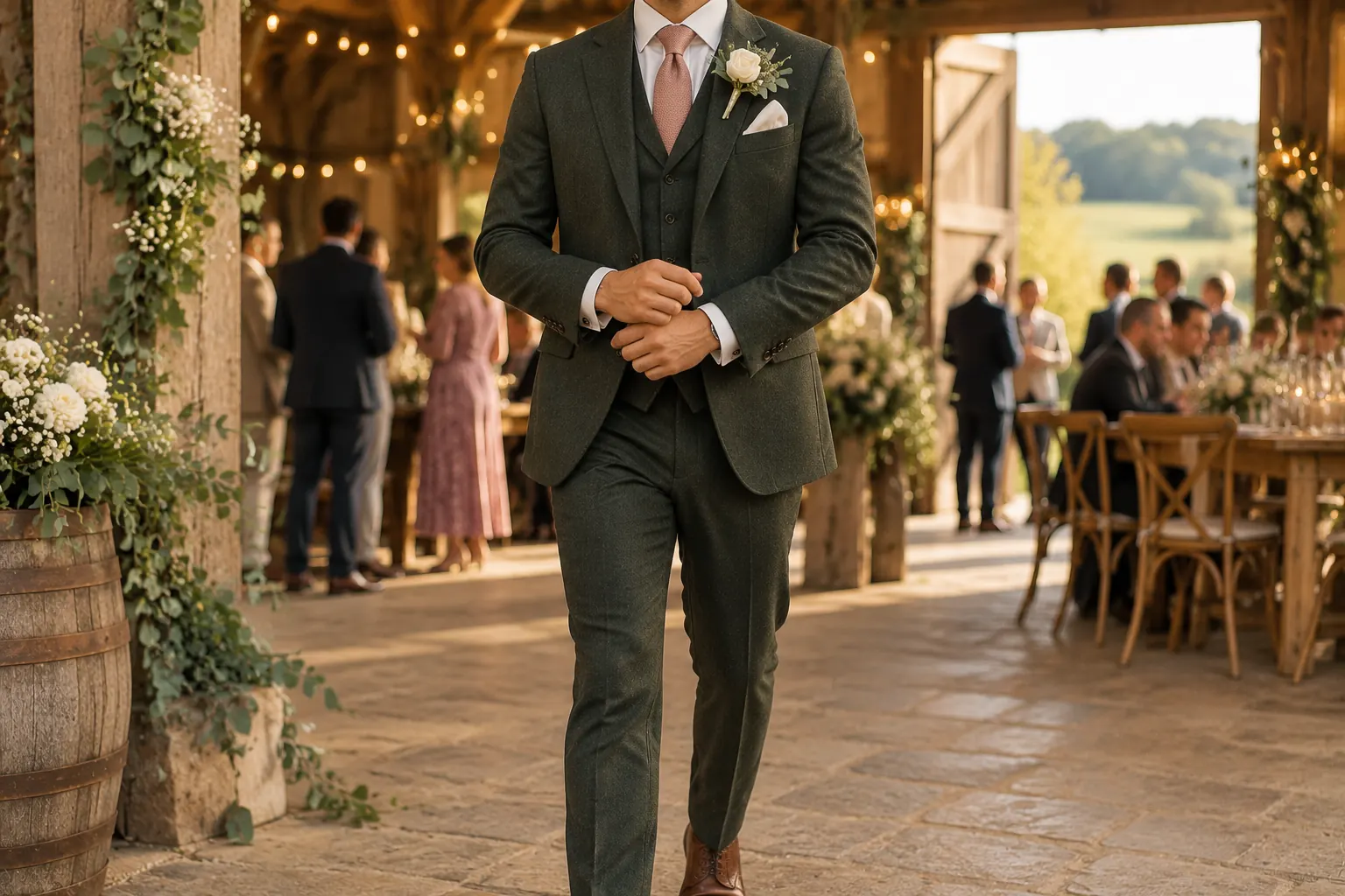 Groom in a forest green wool three-piece suit with a pink silk tie and floral buttonhole at a rustic barn wedding