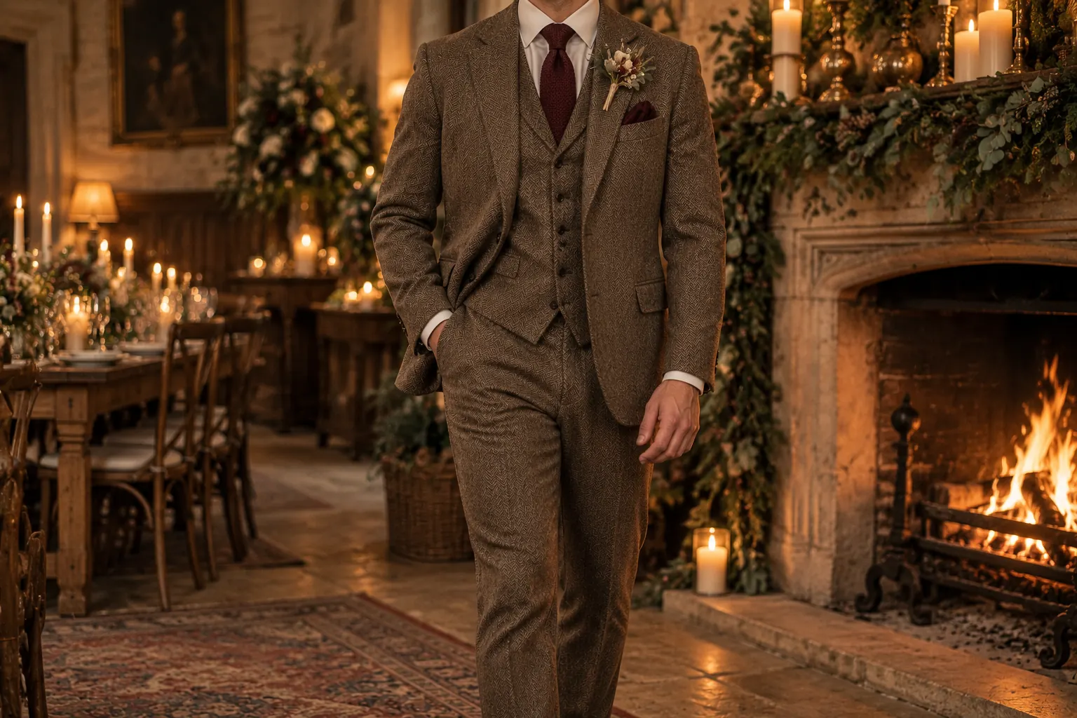 Groom in a brown herringbone tweed three-piece suit with a burgundy knitted tie beside a lit fireplace at a winter wedding