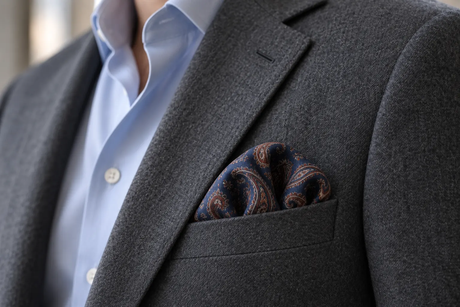 Navy and rust paisley silk pocket square in a soft puff fold in the pocket of a grey flannel jacket