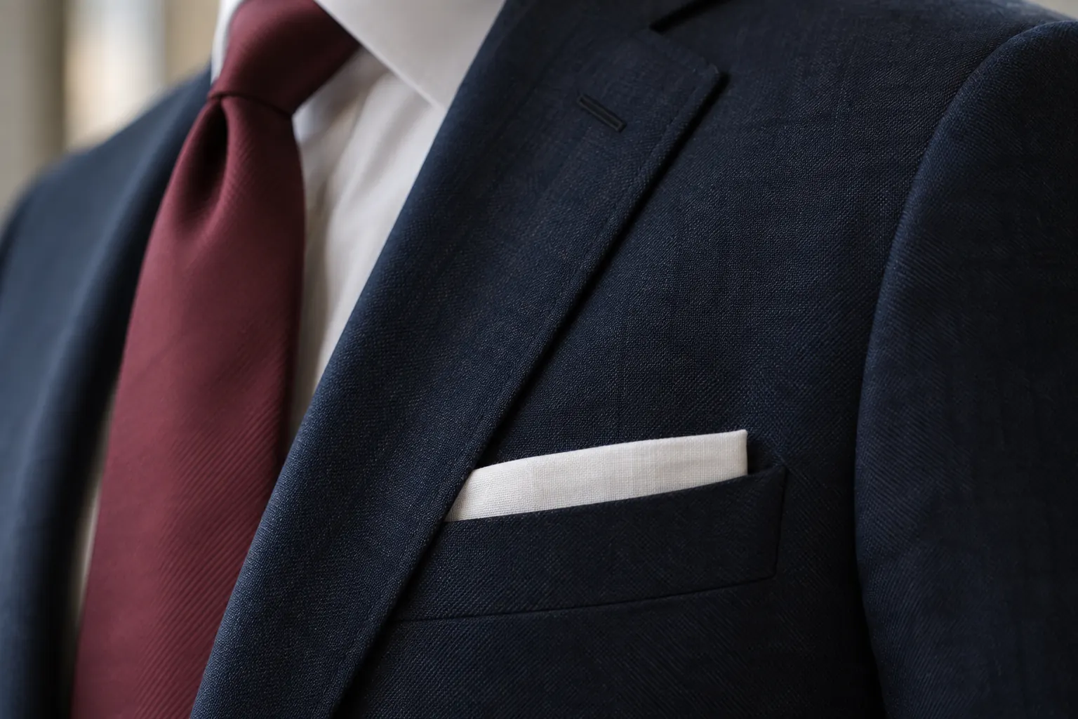 White linen pocket square in a flat TV fold in the breast pocket of a navy suit worn with a burgundy tie