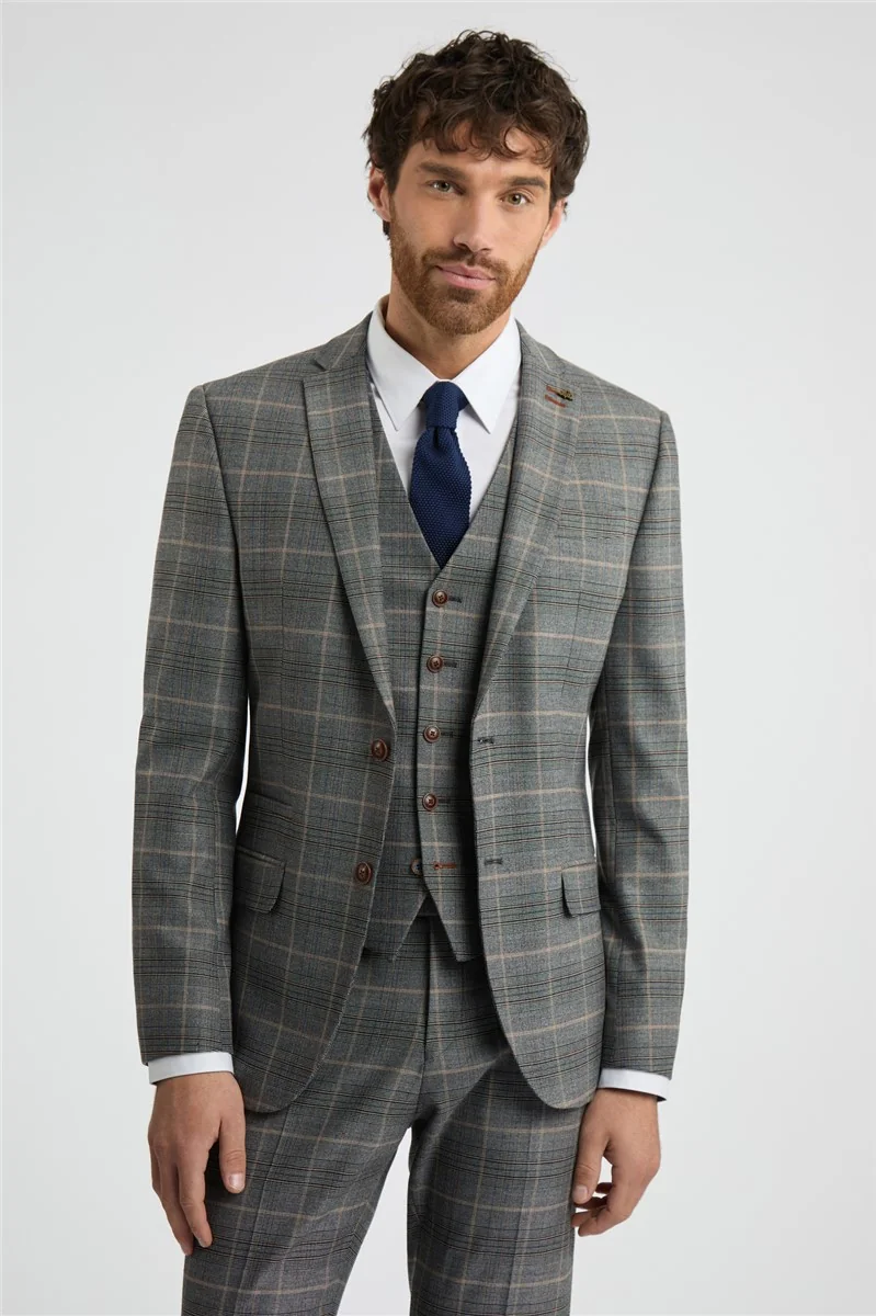 Antique Rogue Slim Fit Grey With Tan Checked Jacket thumbnail 2