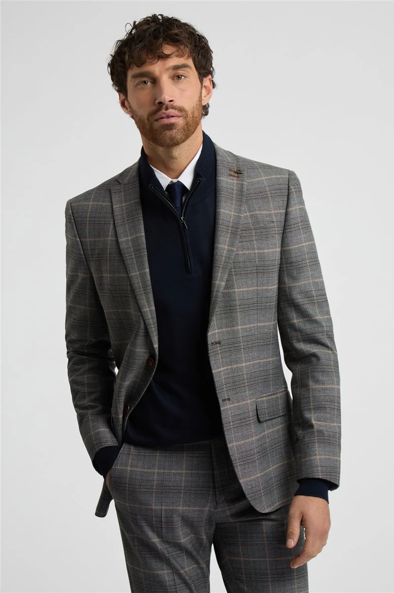 Antique Rogue Slim Fit Grey With Tan Checked Jacket thumbnail 6