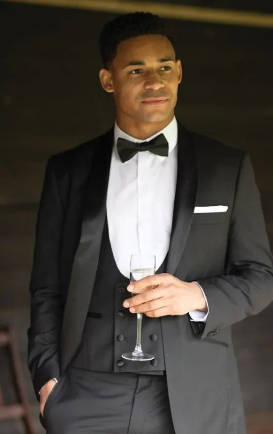 Black 2 Piece Tuxedo, Dress Shirt, Waistcoat, Dress Shoes, Bow Tie thumbnail 2