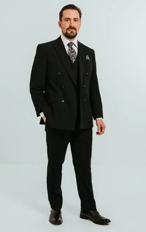 Black Double Breasted 3 Piece Suit with Peak Lapel thumbnail 3