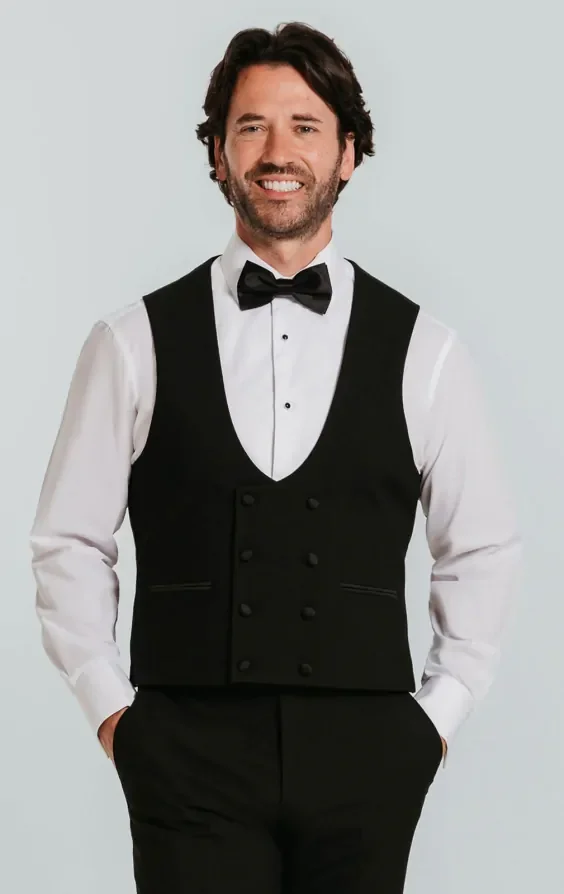 Black Double Breasted Slim Fit Tuxedo Waistcoat thumbnail 2