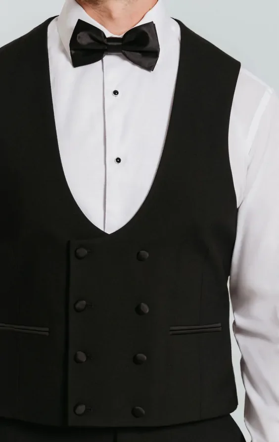 Black Double Breasted Slim Fit Tuxedo Waistcoat thumbnail 3