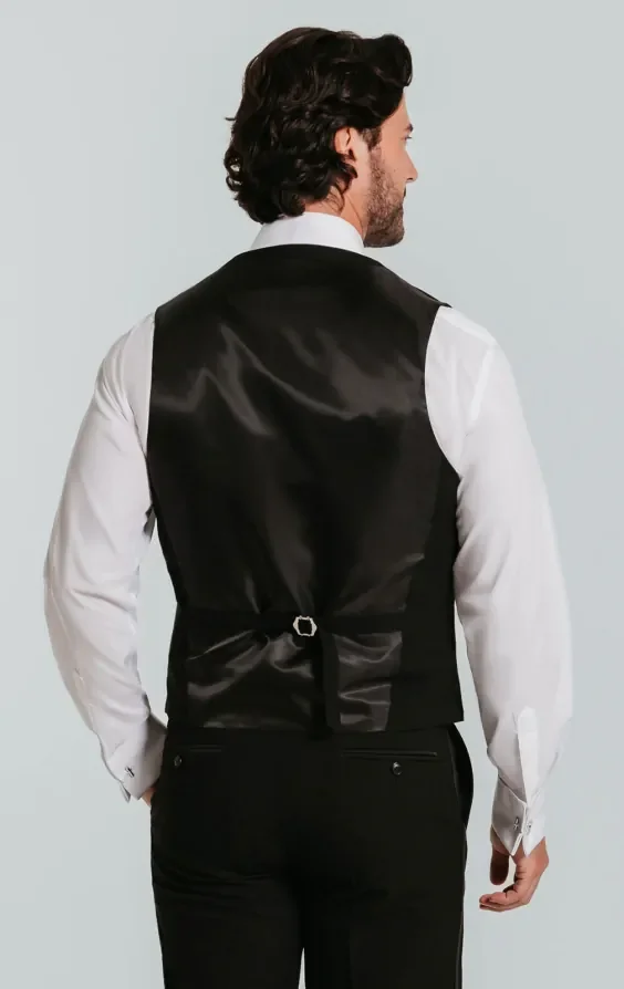 Black Double Breasted Slim Fit Tuxedo Waistcoat thumbnail 4
