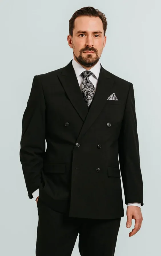 Black Double Breasted Suit Jacket with Peak Lapel thumbnail 2