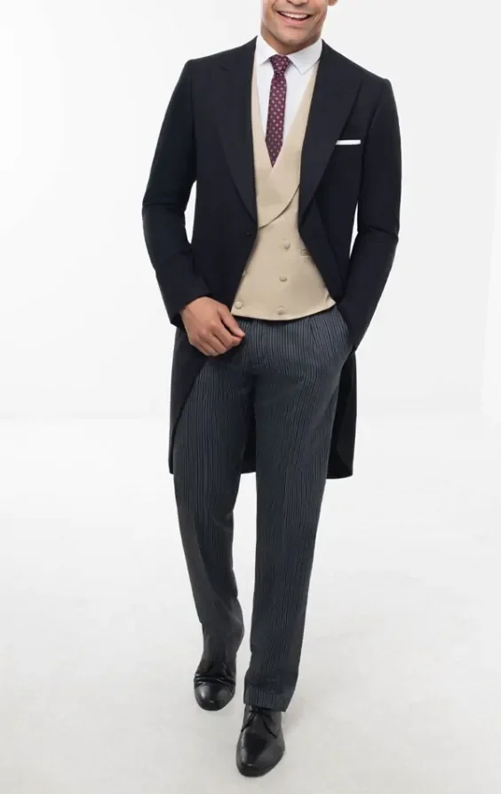 Black Herringbone Morning Suit with Striped Trousers thumbnail 4