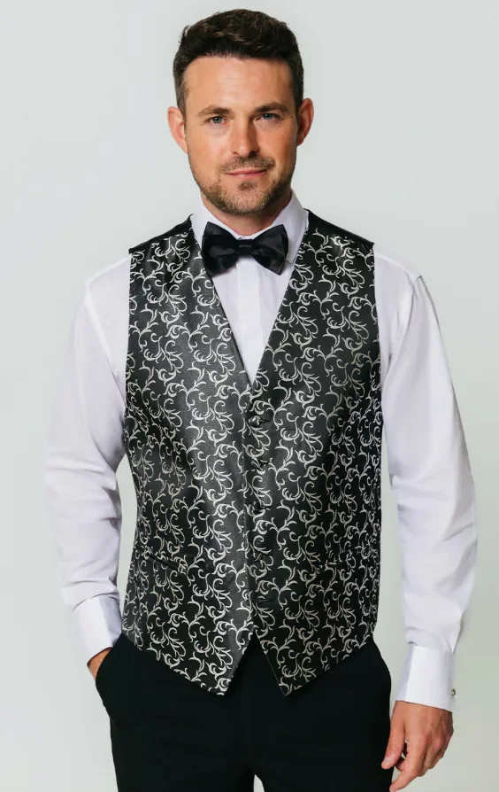 Black/Silver Edwardian Swirl Jacquard Waistcoat thumbnail 2
