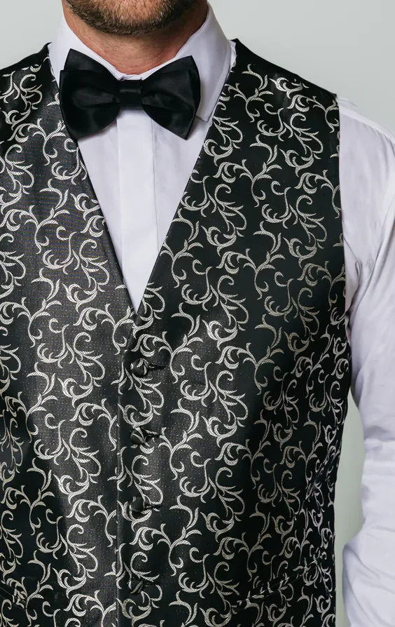 Black/Silver Edwardian Swirl Jacquard Waistcoat thumbnail 3