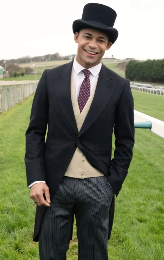 Black Wool Herringbone Morning Suit with Striped Trousers thumbnail 2