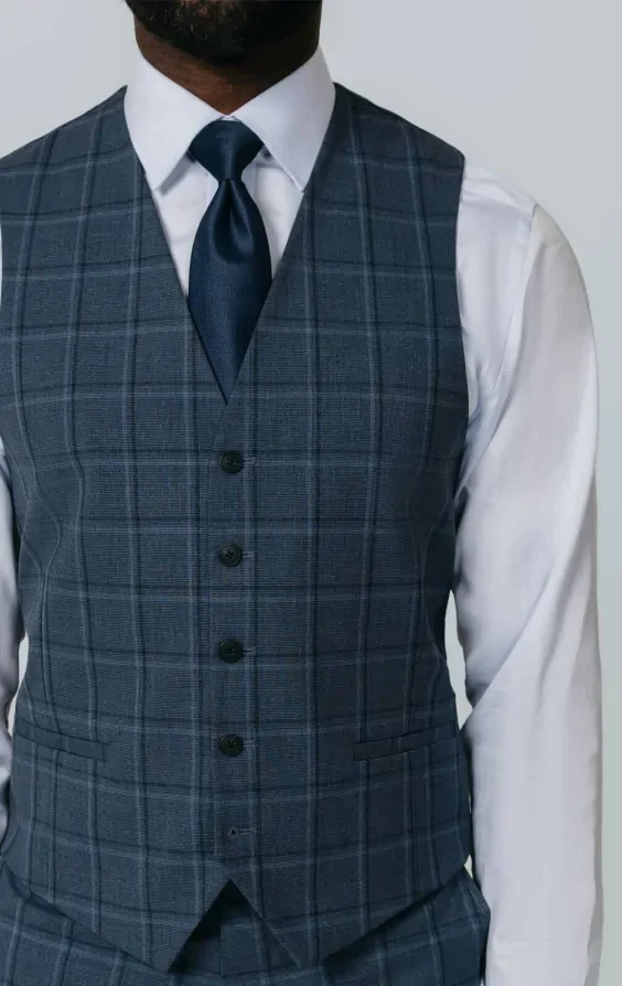 Blue Bold Windowpane Check Waistcoat thumbnail 3