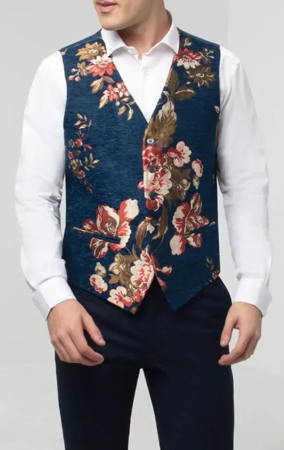 Blue Floral Brocade Waistcoat thumbnail 2