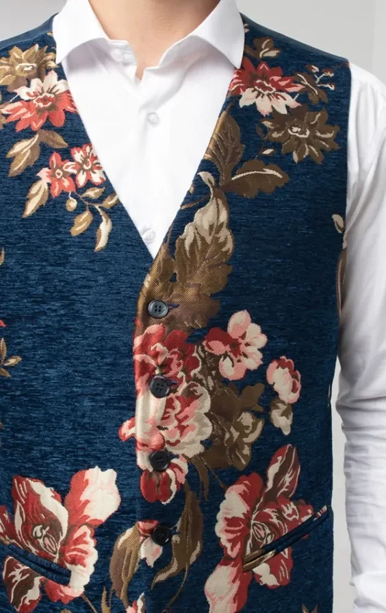 Blue Floral Brocade Waistcoat thumbnail 3
