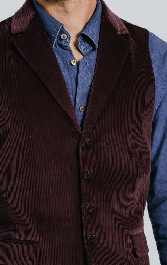 Burgundy Corduroy Waistcoat with Notch Lapel thumbnail 3