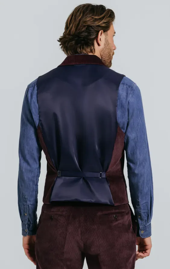 Burgundy Corduroy Waistcoat with Notch Lapel thumbnail 4