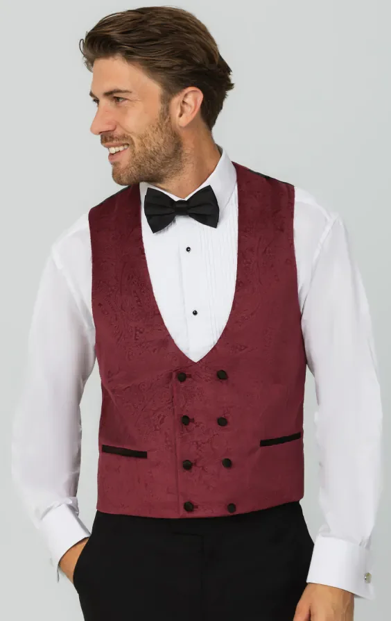 Burgundy Paisley Velvet Double Breasted Tuxedo Waistcoat thumbnail 2