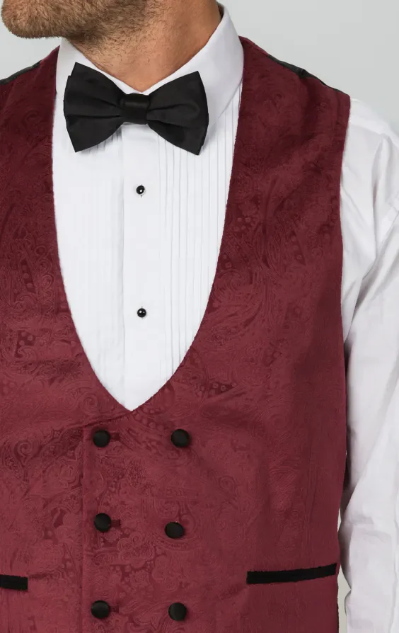 Burgundy Paisley Velvet Double Breasted Tuxedo Waistcoat thumbnail 3