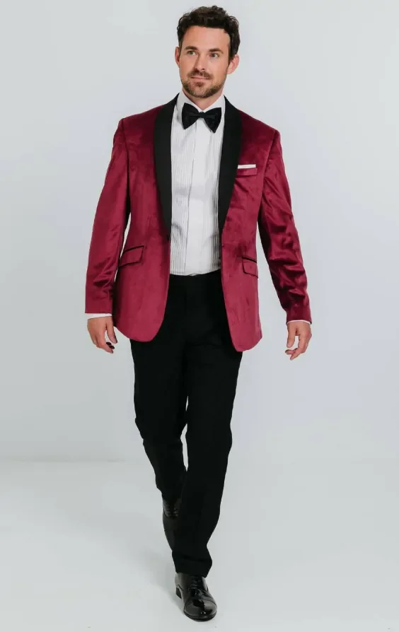 Burgundy Velvet Tuxedo with Black Trousers thumbnail 3
