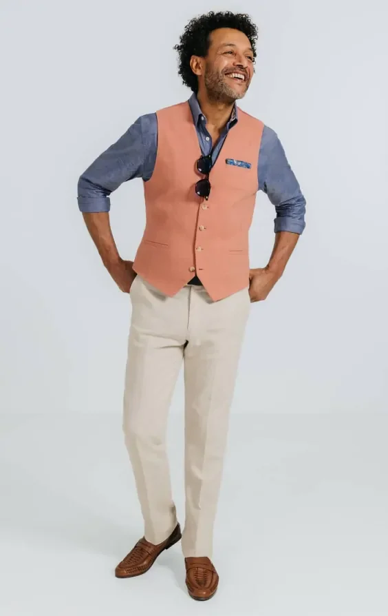 Coral Linen Twill Waistcoat thumbnail 3