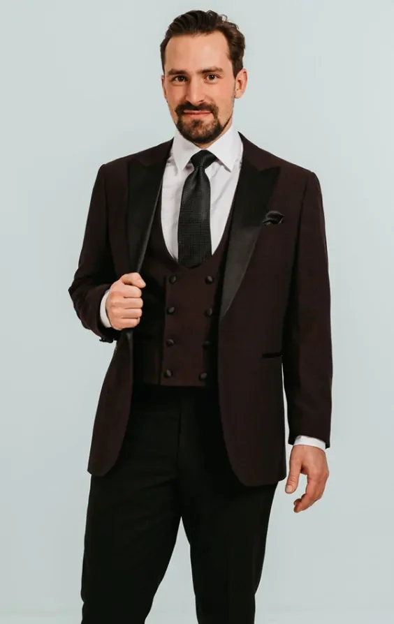 Burgundy 3 Piece Tuxedo with Peak Lapel & Black Trousers thumbnail 2