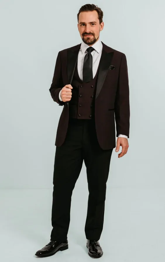 Burgundy 3 Piece Tuxedo with Peak Lapel & Black Trousers thumbnail 3