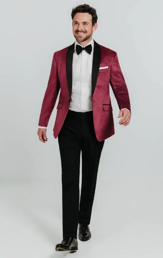 Burgundy Paisley Velvet Tuxedo with Black Trousers thumbnail 3