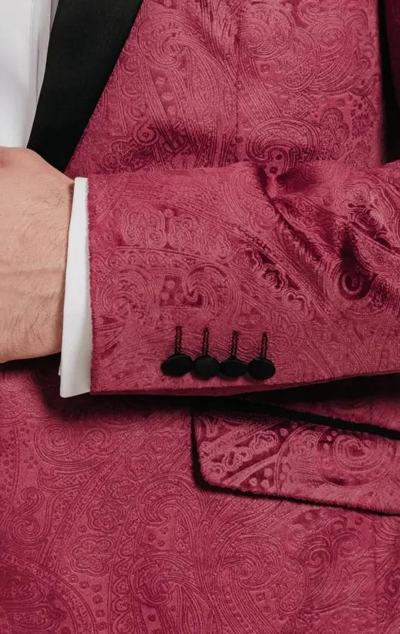 Burgundy Paisley Velvet Tuxedo with Black Trousers thumbnail 5